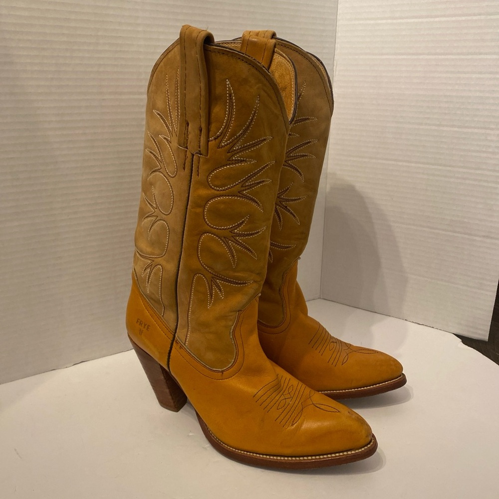 VINTAGE FRYE BROWN GENUINE SUEDE & LEATHER WESTERN PULL ON COWBOY BOOTS SIZE 7B